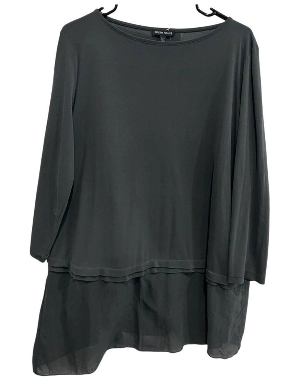 Eileen Fisher Large Gray Silk Layered Tunic Top 3/4 Sleeves Quiet Luxury